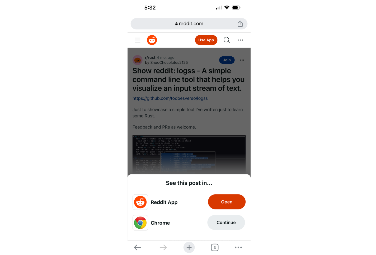 Mobile web page with a bottom sheet prompting the user to open content in the native app