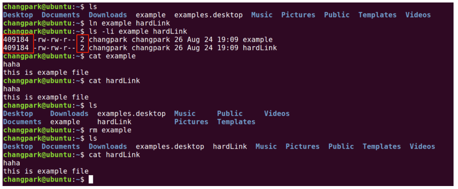 Diagram showing one inode referenced by two directory entries for hard links