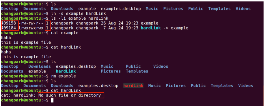 Side-by-side comparison of hard link and symbolic link directory structures
