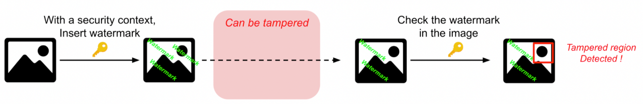 Insert watermark with security context, detect tampered region after transit