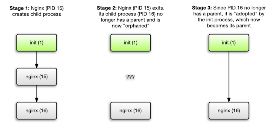 Diagram of an orphan process adopted by init after its parent exits